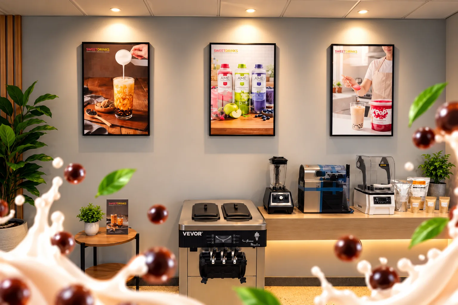 Barra de bubble tea con máquina de helado, licuadora, selladora de vasos e insumos Sweet Drinks, AMÉ y Pop Bobas